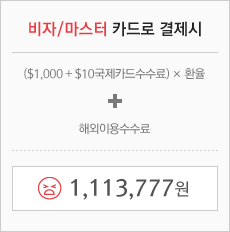 비자/마스터 카드로 결제시 - ($1,000 + $10국제카드수수료) X 환율 + 해외이용수수료 = 1,113,777원
