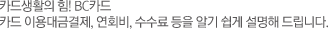 카드생활의 힘! BC카드. 카드 이용대금결제, 연회비, 수수료 등을 알기 쉽게 설명해 드립니다.