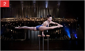 [2번] Hand Balancing : 아티스트는 균형대 위에서 점차적으로 복잡해지고 위태로운 자세들을 우아하게 연기하며 인상적인 균형력을 보여준다.