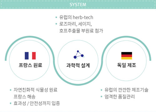 시스템 - &middot; 유럽의 herb-tech &middot; 로즈마리, 세이지, 호프추출물 부원료 첨가 / 프랑스 원료 : &middot; 자연친화적 식물성 원료 프랑스 해송 &middot; 효과성/안정성까지 인증 / 과학적 설계 / 독일 제조 : &middot; 유럽의 깐깐한 제조기술 &middot; 엄격한 품질관리