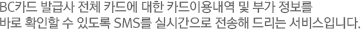 비씨카드 발급사 전체 카드에 대한 카드이용내역 및 부가 정보를 바로 확인할 수 있도록 SMS를 실시간으로 전송해 드리는 서비스입니다.
